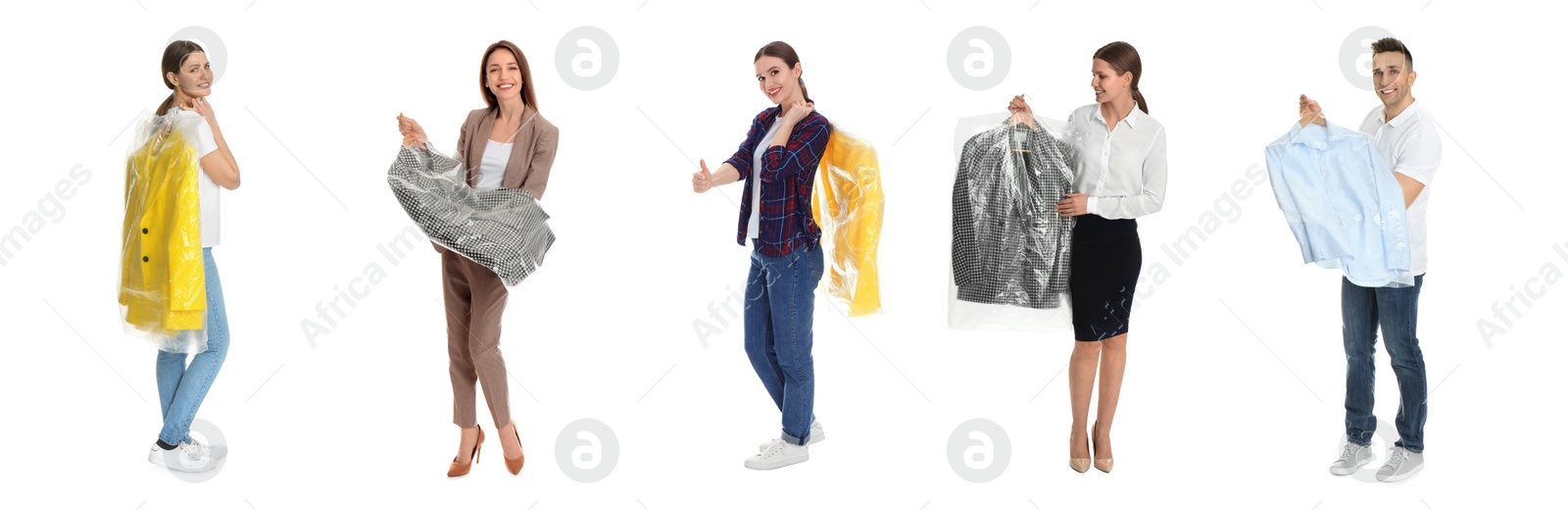Image of Collage with photos of people holding clothes on white background, banner design. Dry-cleaning service