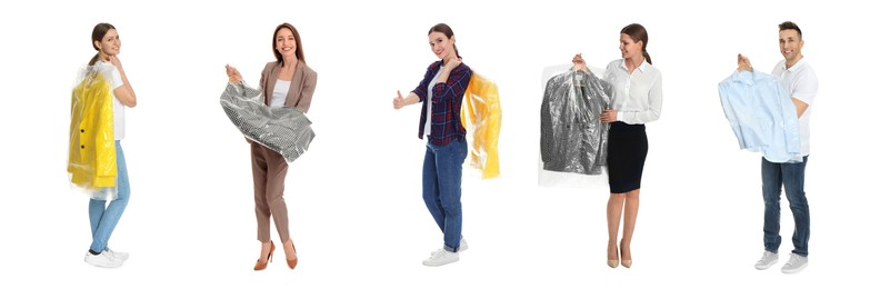 Collage with photos of people holding clothes on white background, banner design. Dry-cleaning service