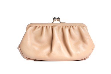Photo of Stylish beige leather purse isolated on white
