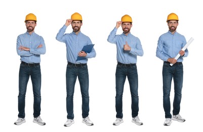 Photos of engineer with hardhat and clipboard on white background, collage design