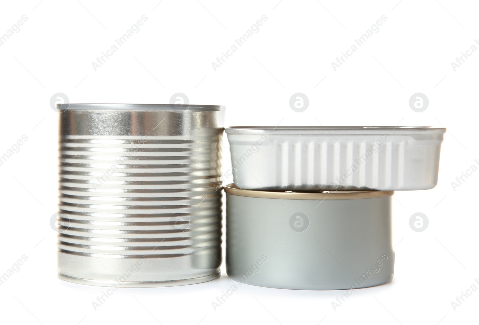 Photo of Group of tin cans isolated on white