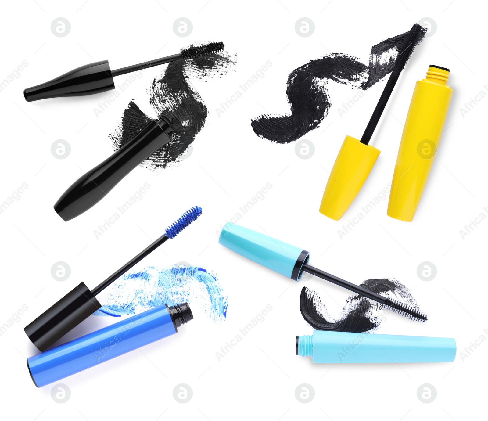 Image of Set with different mascaras and strokes on white background, top view