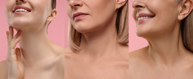 Women with healthy skin on pink background, set of photos