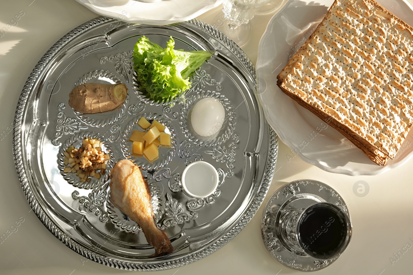 Photo of Table served for Passover (Pesach) Seder, top view