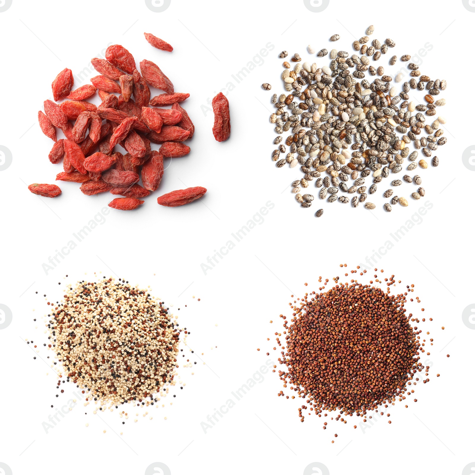 Image of Set of different superfoods on white background, top view