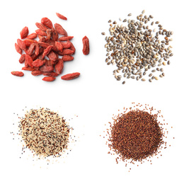 Set of different superfoods on white background, top view