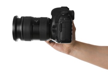 Photo of Photographer holding modern camera on white background, closeup