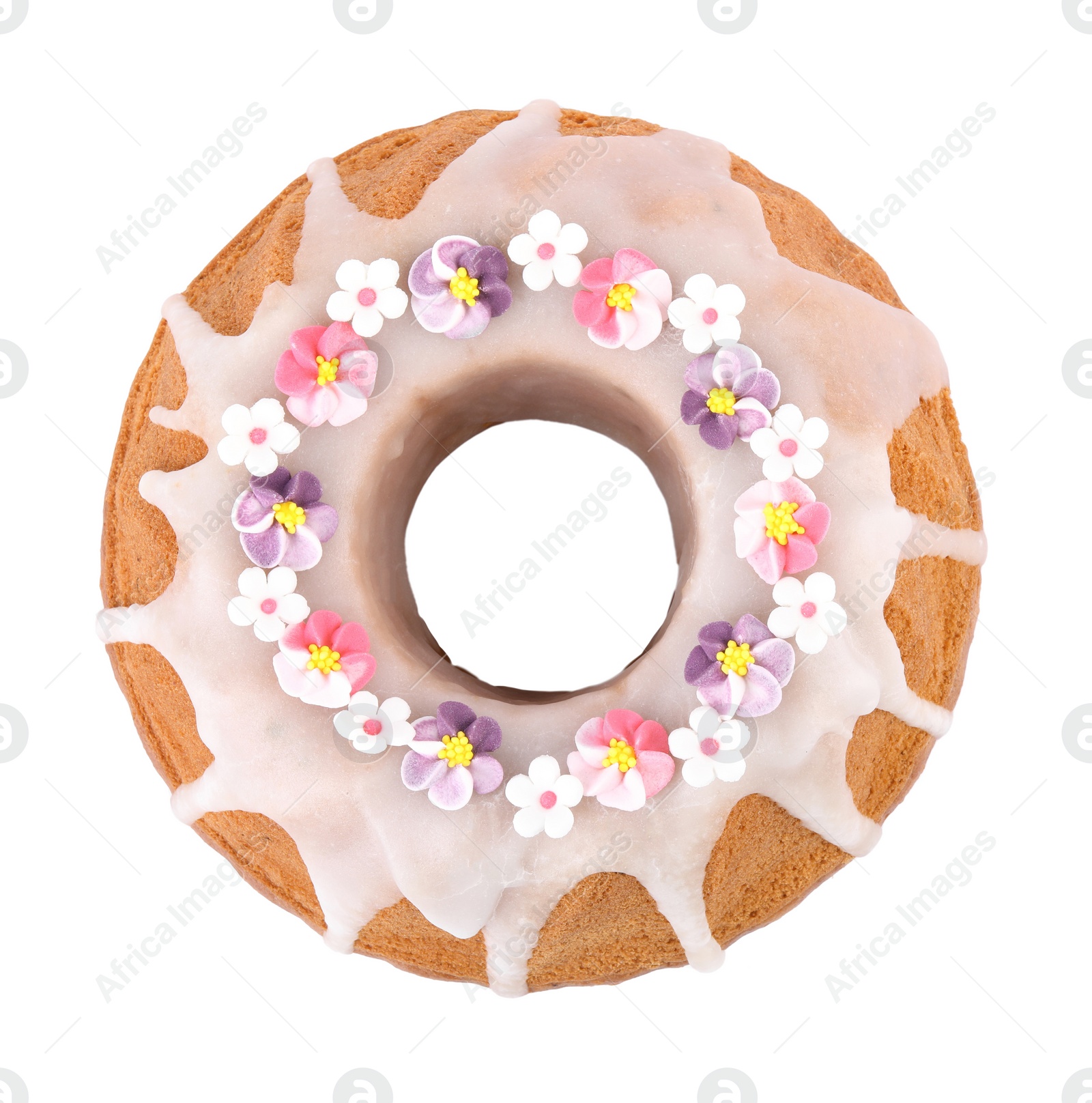 Photo of Festively decorated Easter cake on white background, top view