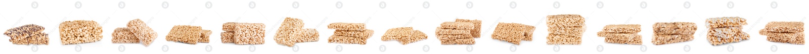 Image of Set of delicious rice crispy treats on white background. Banner design