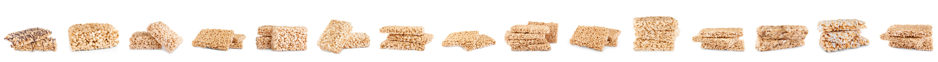 Image of Set of delicious rice crispy treats on white background. Banner design