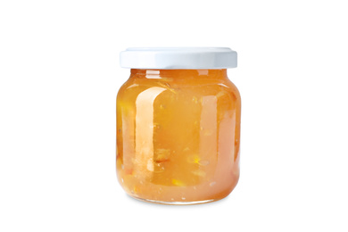 Jar of orange jam isolated on white