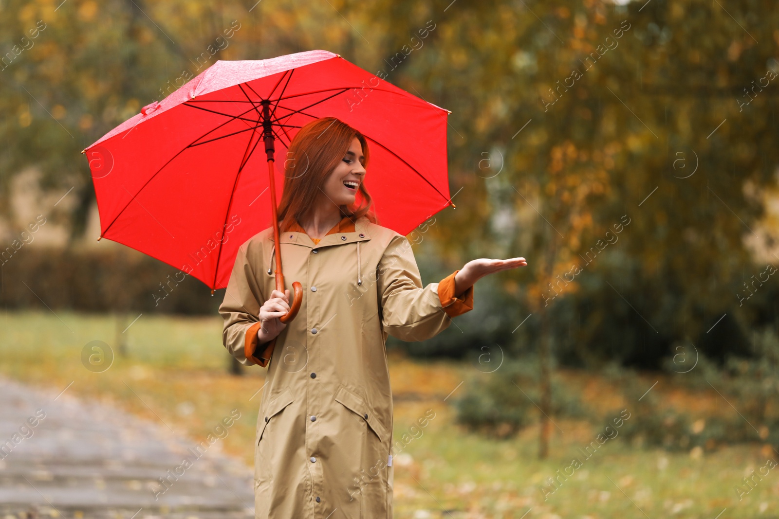 Photo of Woman with umbrella in autumn park on rainy day