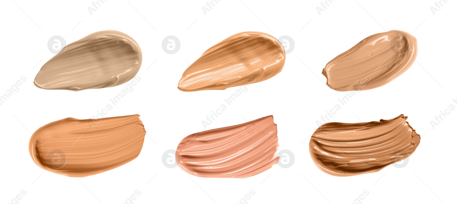 Image of Set with different shades of liquid skin foundation on white background, top view. Banner design