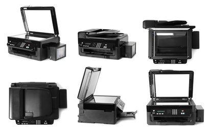 Modern multifunction printer on white background, views from different sides 