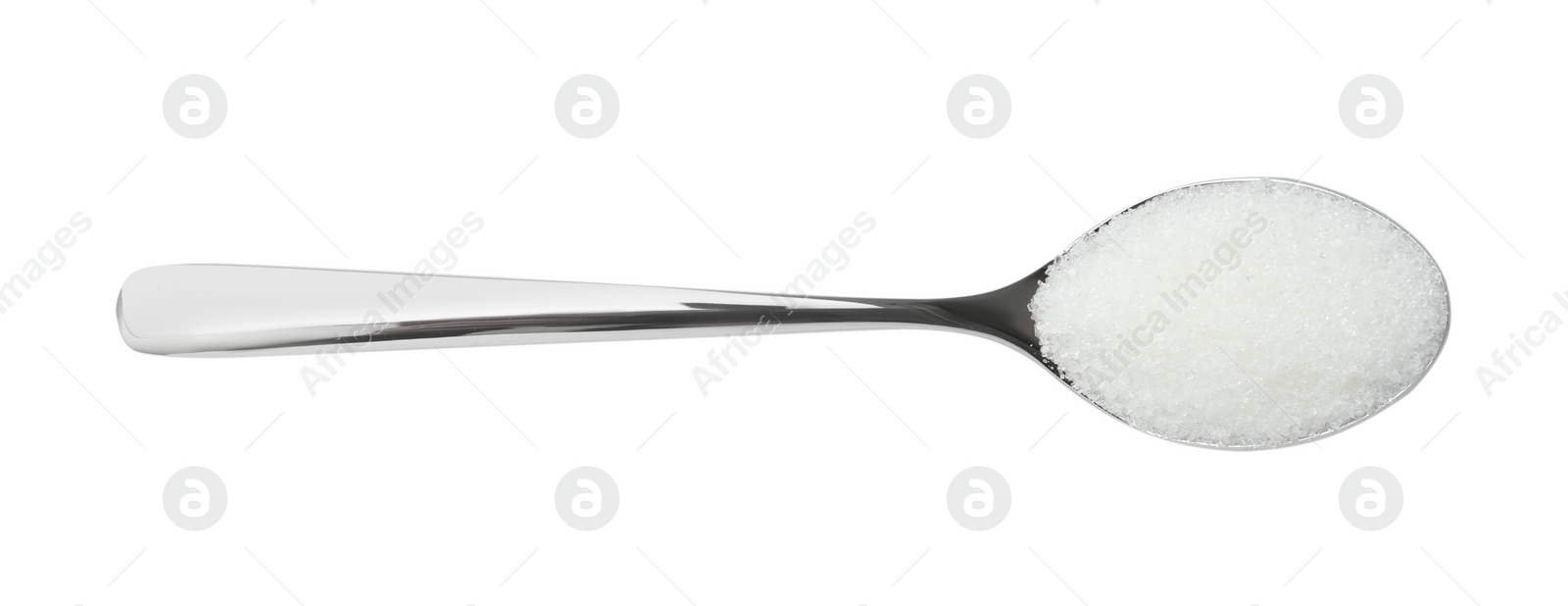 Photo of Spoon with granulated sugar isolated on white, top view