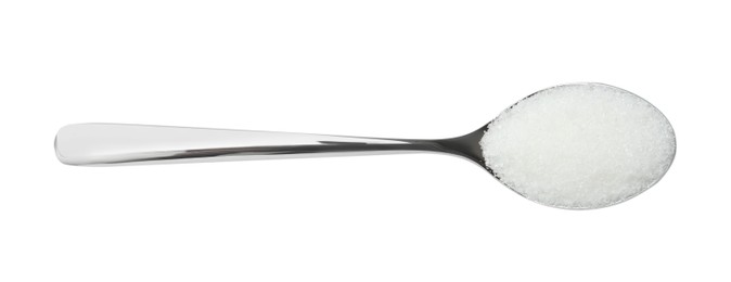 Photo of Spoon with granulated sugar isolated on white, top view