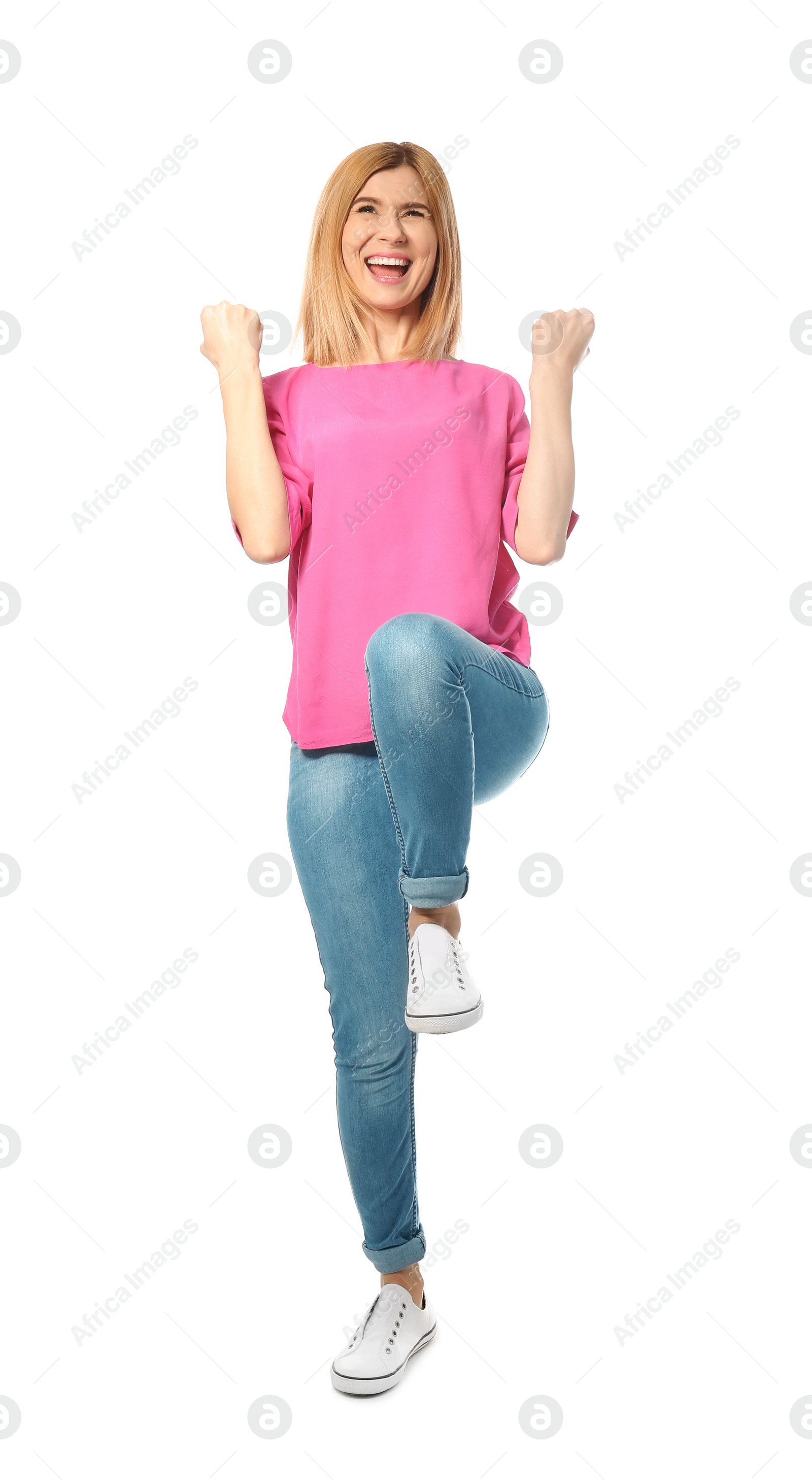 Photo of Full length portrait of emotional beautiful woman on white background