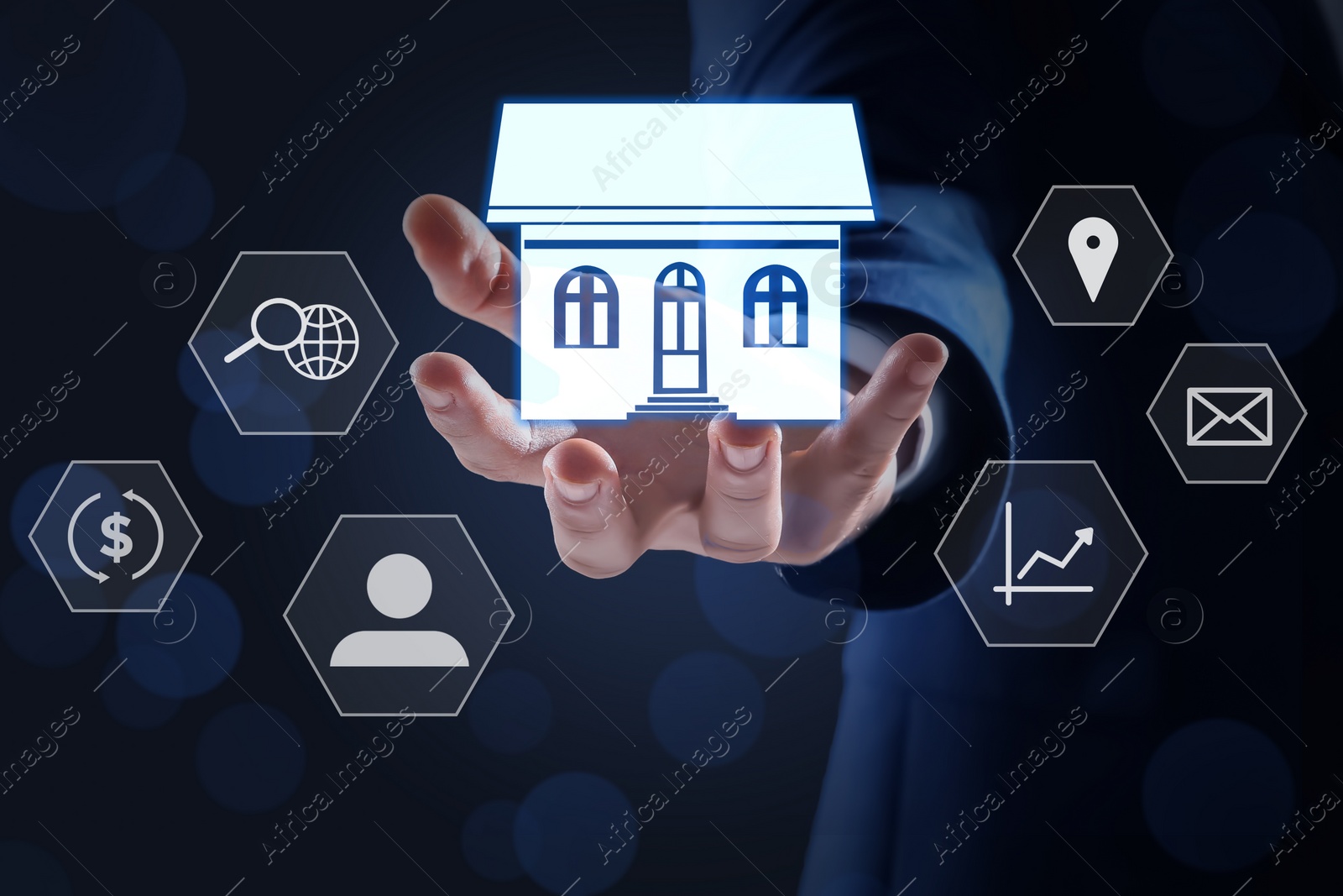 Image of Property search concept. Man demonstrating house illustration, closeup