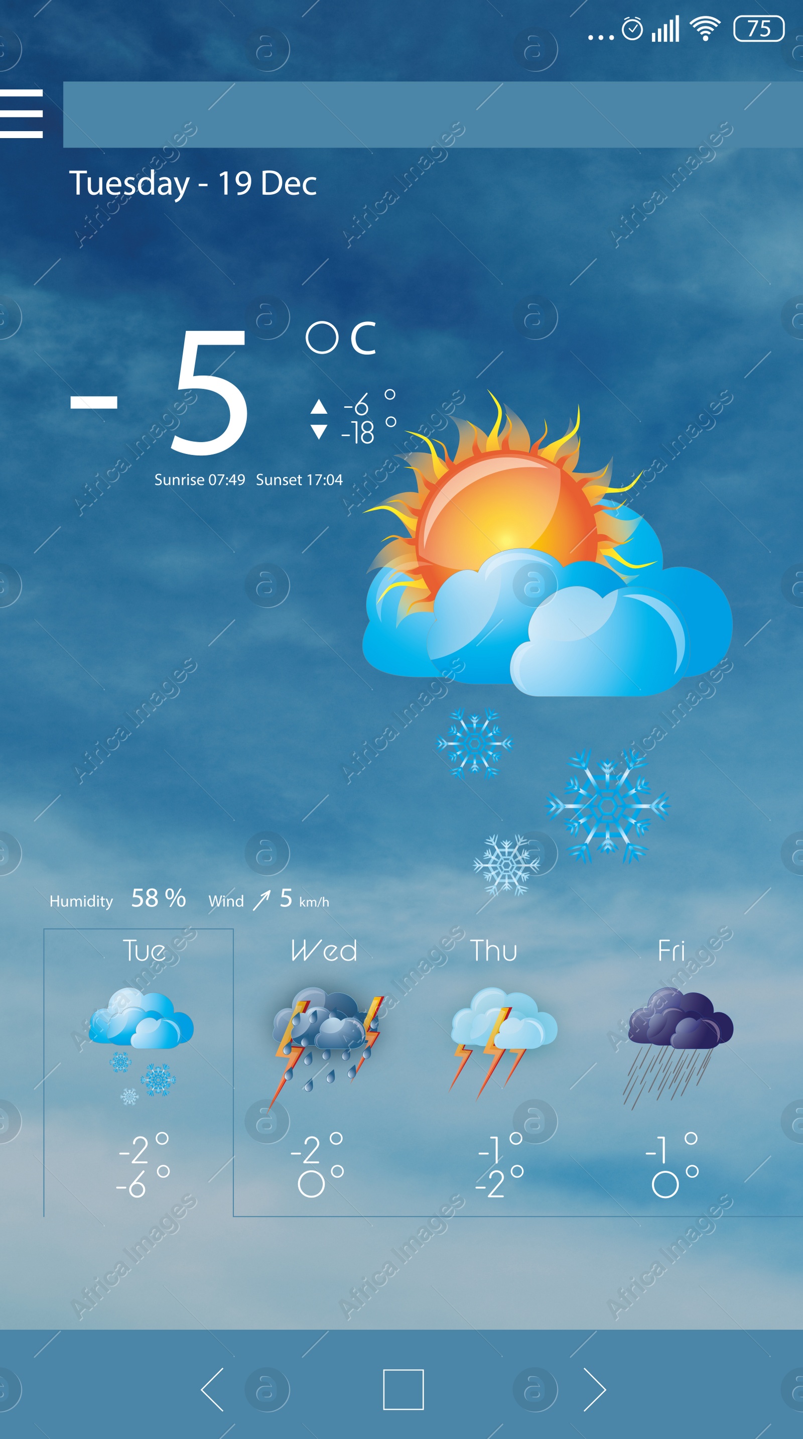 Image of Weather forecast widget on screen. Mobile application