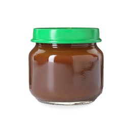 Photo of Baby food. Tasty healthy puree in jar isolated on white