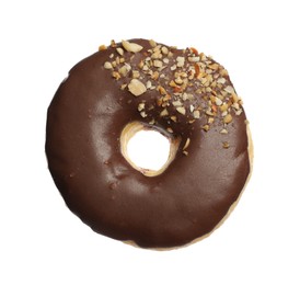 Photo of Sweet tasty glazed donut decorated with nuts isolated on white