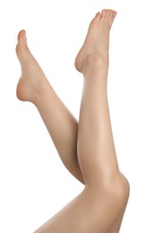 Photo of Woman with beautiful legs isolated on white, closeup