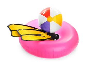 Photo of Set of bright beach accessories on white background