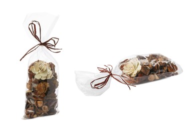Image of Scented sachets with potpourri on white background, collage