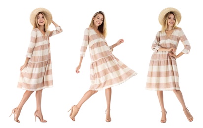 Image of Collage with photos of woman wearing dress on white background