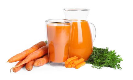 Photo of Freshly made carrot juice on white background