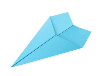 Photo of Handmade light blue paper plane isolated on white