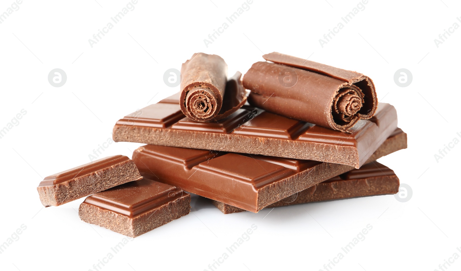 Photo of Chocolate curls and pieces isolated on white