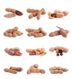 Image of Set with delicious ripe tamarinds on white background. Exotic fruit