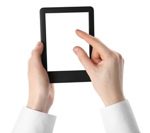 Photo of Woman using e-book reader on white background, closeup