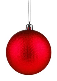 Image of Red Christmas ball hanging on white background