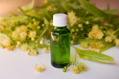 Photo of Bottle of essential oil and linden blossoms on white table