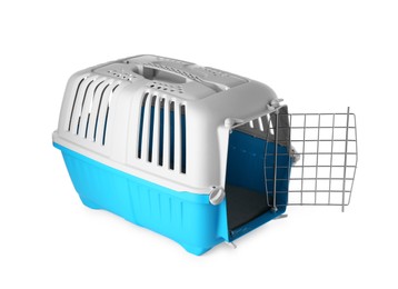 Photo of Light blue pet carrier isolated on white