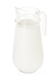 Photo of Glass jug with fresh milk isolated on white
