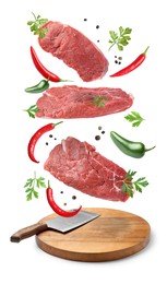 Image of Beef meat and different spices falling on white background