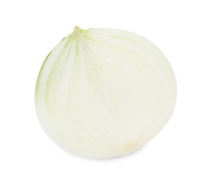 Photo of Half of fresh ripe onion isolated on white, top view