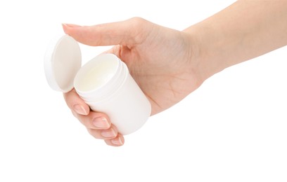 Photo of Woman holding jar of petroleum jelly on white background, closeup