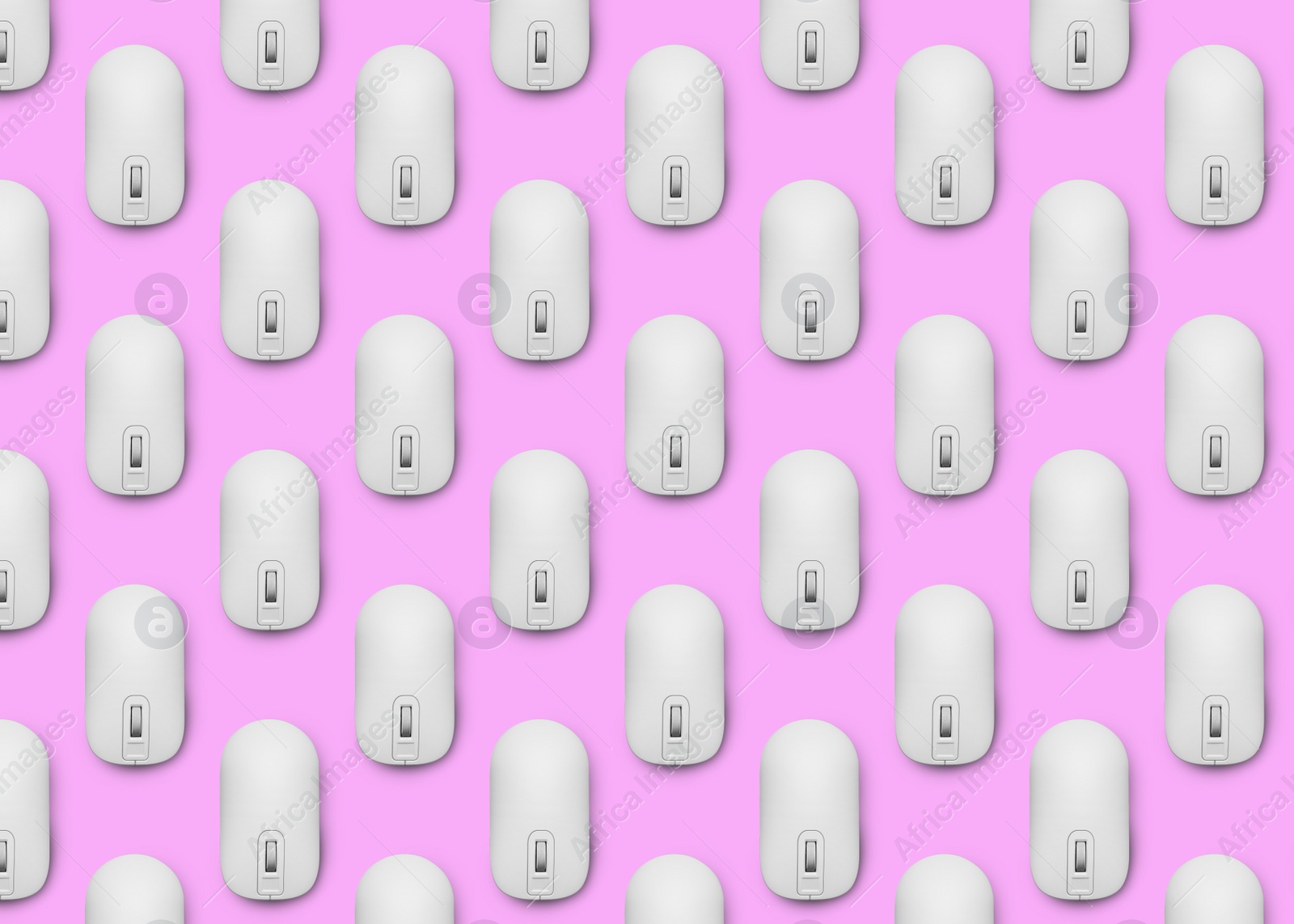 Image of Many white computer mouses on pink background, flat lay. Seamless pattern design