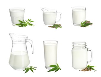 Image of Different glassware with hemp milk on white background, collage