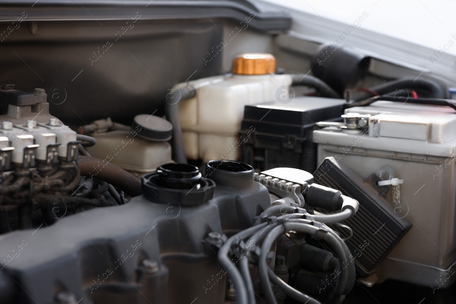 Photo of Closeup view of engine bay in modern auto