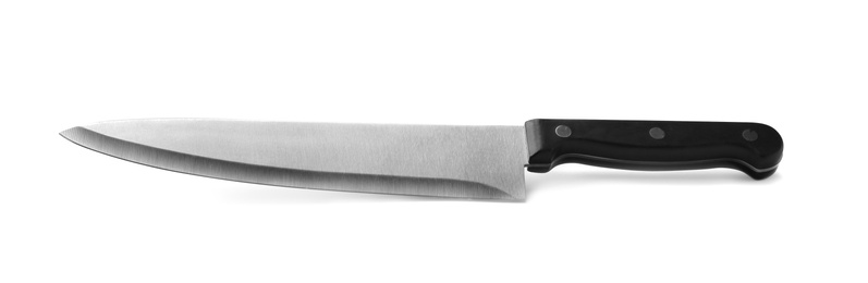 Photo of Stainless steel chef's knife with plastic handle isolated on white