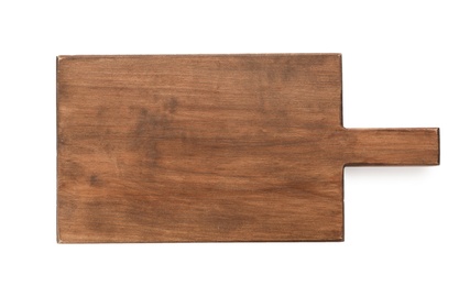 Photo of Wooden board on white background, top view. Kitchen accessory
