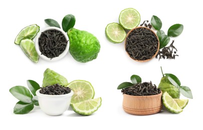 Image of Set with dry tea leaves and bergamot fruits on white background