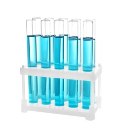 Photo of Test tubes with blue liquid isolated on white. Laboratory analysis