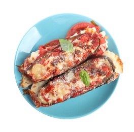 Photo of Baked eggplant with tomatoes, cheese and basil in plate isolated on white, top view