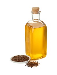 Photo of Vegetable fats. Flax oil in glass bottle and seeds isolated on white